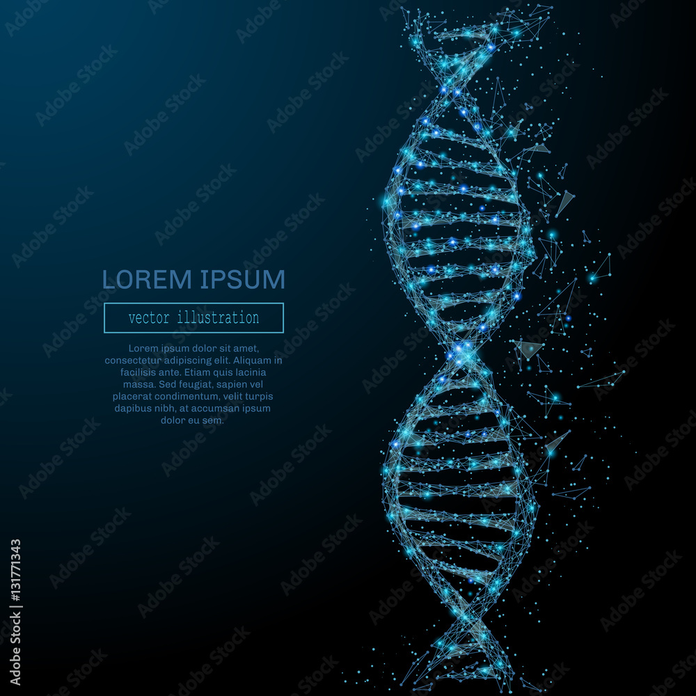 Poster polygonal dna concept. vector mesh spheres from flying debris. thin line concept. blue structure sty