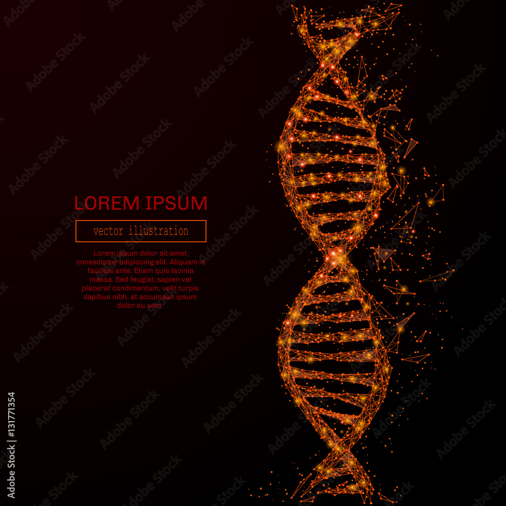 Aufkleber Abstract mash line and point DNA in flames style on dark background with an inscription. DNA of a starry sky or space, consisting of stars and the universe. Vector illustration
