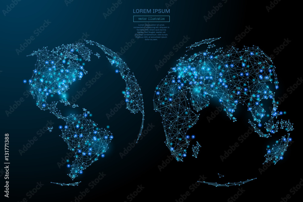 Poster Abstract image of a world map in the form of a starry sky or space, consisting of points, lines, and shapes in the form of planets, stars and the universe. World vector wireframe concept.