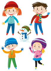 Kids in winter clothes and snowman