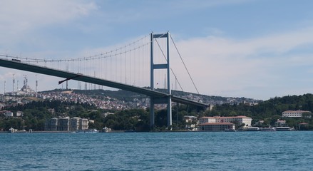 Asian Part of Bosphorus Bridge and Strait, as seen from Ortakoy Mosque in Istanbul, Turkey