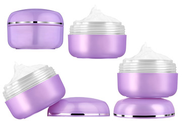 Set of four instances of an elegant cosmetic cream in glossy purple can, isolated on white background, clipping paths included