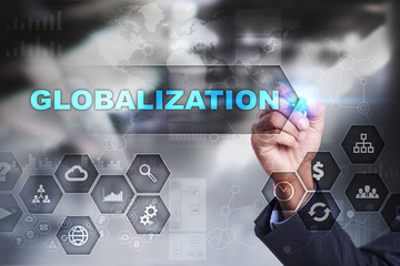 Businessman is drawing on virtual screen. globalization concept.