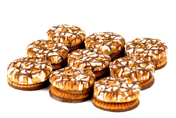 Chocolate cookies round shape closeup on a white background.