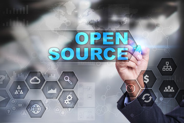 Businessman is drawing on virtual screen. open source concept.