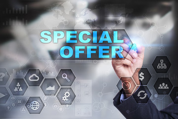 Businessman is drawing on virtual screen. special offer concept.