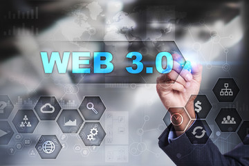 Businessman is drawing on virtual screen. web 3.0 concept.