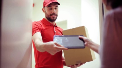 happy man delivering parcel boxes to customer home