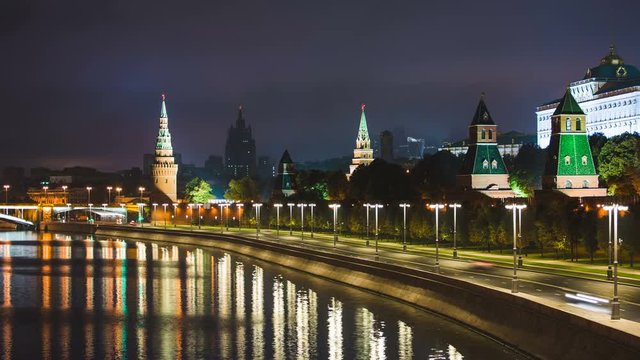Timelapse view of historical center Moscow center with river, kremlin and traffic