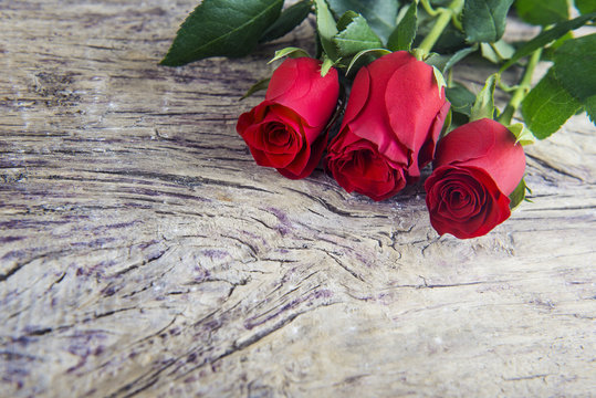 Valentine's day red roses present with wooden textured backgroun