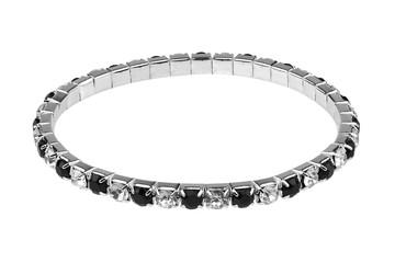 Elastic metallic silver bracelet with black and white semiprecious stones, isolated on white...