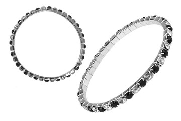 Two instances of an elastic metallic silver bracelet with black and white semiprecious stones, isolated on white background, clipping paths included