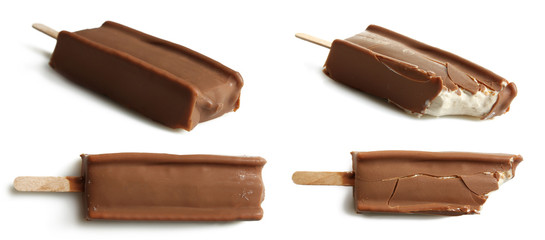 Collage with classic chocolate ice cream isolated on a white background.