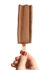 Female hand holding a chocolate ice cream isolated on a white background.