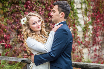 newlyweds strolling around the city. Just married