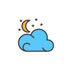 Moon, stars, cloud line icon, filled outline vector sign, linear colorful pictogram isolated on white. Partly cloudy night weather forecast symbol, logo illustration