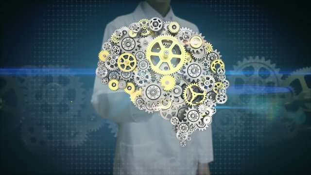 Female researcher, Engineer touching screen, Steel golden gears making human brain shape. human artificial intelligence.