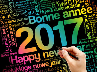 2017 Happy New Year in different languages, celebration word cloud greeting card