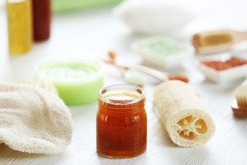 Body care set for peeling on wooden table