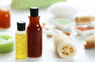 Body care set for peeling on wooden table