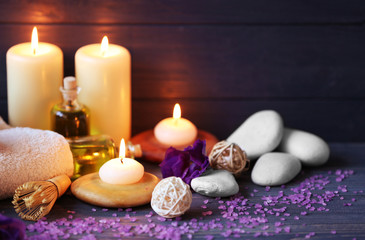 Spa treatments on blue wooden table