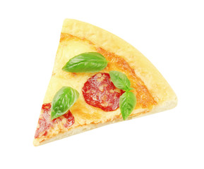 Slice of pepperoni pizza on white background
