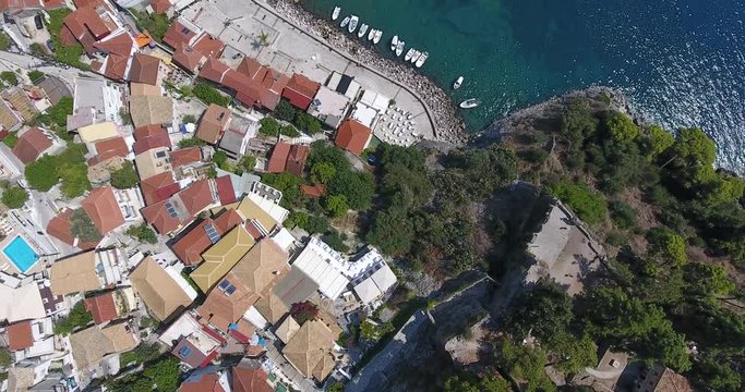 Parga Greece small touristic town on the shore near Sivota. Aerial footage from a drone.