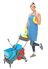 Young cleaner with cart and cleaning supplies on white background