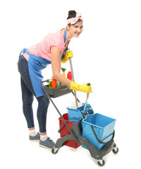 Young cleaner with cart and cleaning supplies on white background