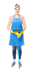 Young cleaner with brush on white background