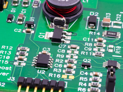 Macro image of a boost converter circuit board