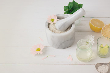 Natural cosmetic ingredients on wooden background