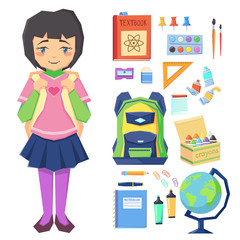 Cute girl going to school education Icons. Set of different  items, cartoon illustration isolated on white background
