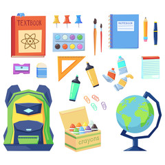education Icons. Set of different school items, cartoon illustration.