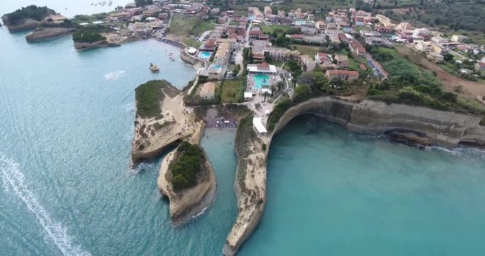 Corfu Canal D'amour beach in the Sidari Region. Famous for it's beach shape and clear blue waters. Aerial view from a drone.