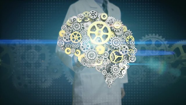 Researcher, Engineer touching screen, Steel golden gears making human brain shape. human artificial intelligence.