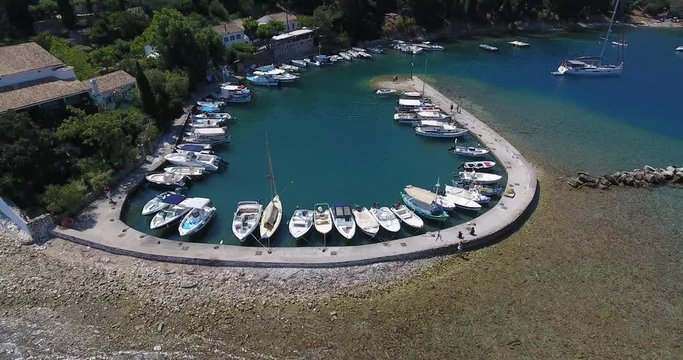 Corfu Kouloura bay aerial view from a drone. Old fisherman village