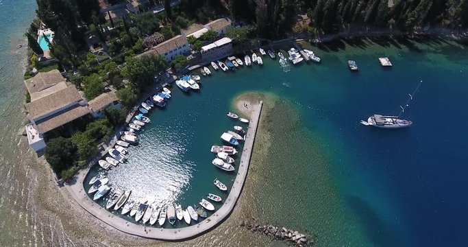 Corfu island Kouloura bay aerial view from a drone. Old fisherman village in Kerkyra Island, Greece