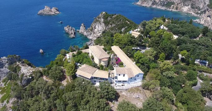 Corfu Paleokastrita monastery aerial footage from a drone. Kerkyra Island, Greece.