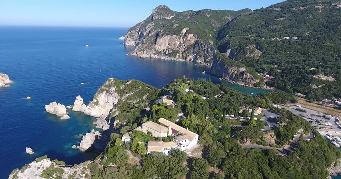 Corfu Paleokastrita monastery aerial footage from a drone. Kerkyra Island, Greece.