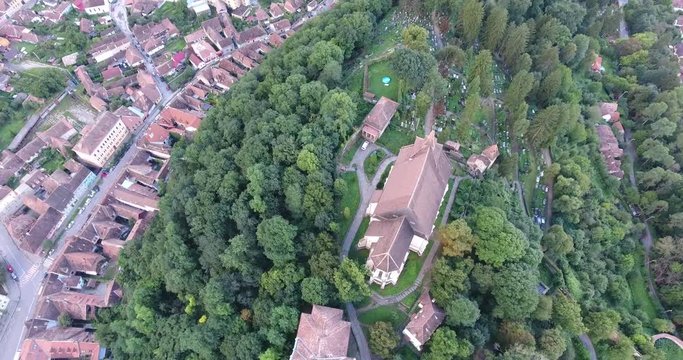 Sighisoara medieval city in the heart of Transylvania, Romania, birthplace of Count Dracula. Aerial footage from a drone