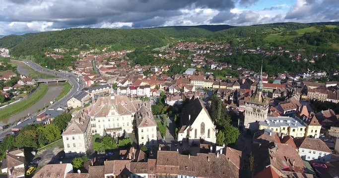 Sighisoara medieval city in the heart of Transylvania, Romania, birthplace of Count Dracula. Aerial footage from a drone