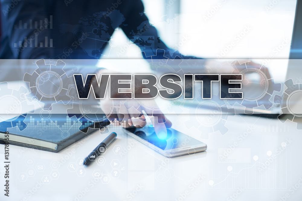 Wall mural businessman working in office, pressing button on virtual screen and selecting website.