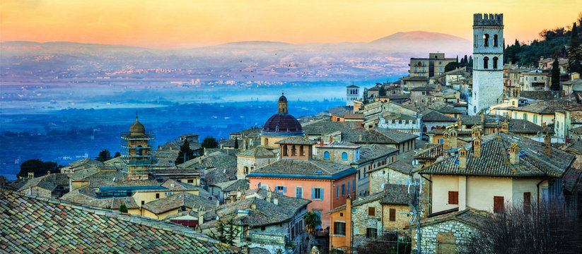 Dawn over medieval town Assisi. Landmarks of Italy, Umbria