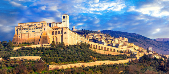 Impressive medieval Assisi town - religios center of Umbria. Italy - obrazy, fototapety, plakaty