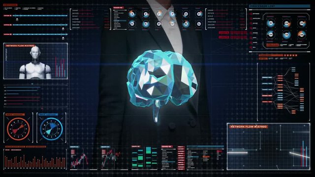 Businesswoman touching Brain, connect digital lines in digital display, expanding artificial intelligence Line net tunnel with graph, diagram, User interface. front moving.