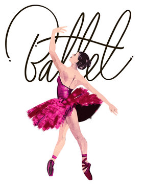 Watercolor ballerina hand painted with word Ballet. Dancer illustration