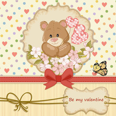 Vintage Valentines day card with teddy bear in love and hearts background 