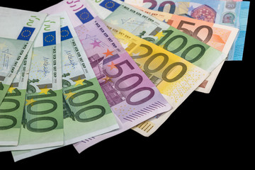 euro banknotes isolated on black