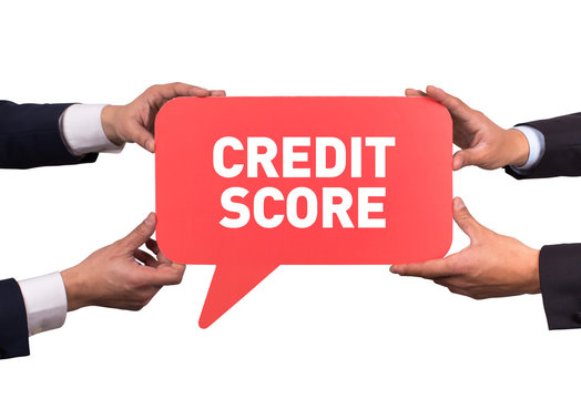 Two men holding red speech bubble with CREDIT SCORE message